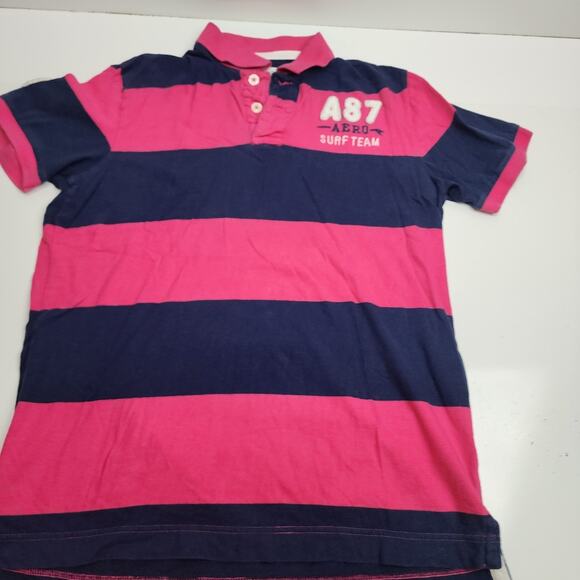Aeropostale Y2K Pink & Blue Striped Surf Team Collared Polo Shirt Men's Size M - Picture 1 of 6